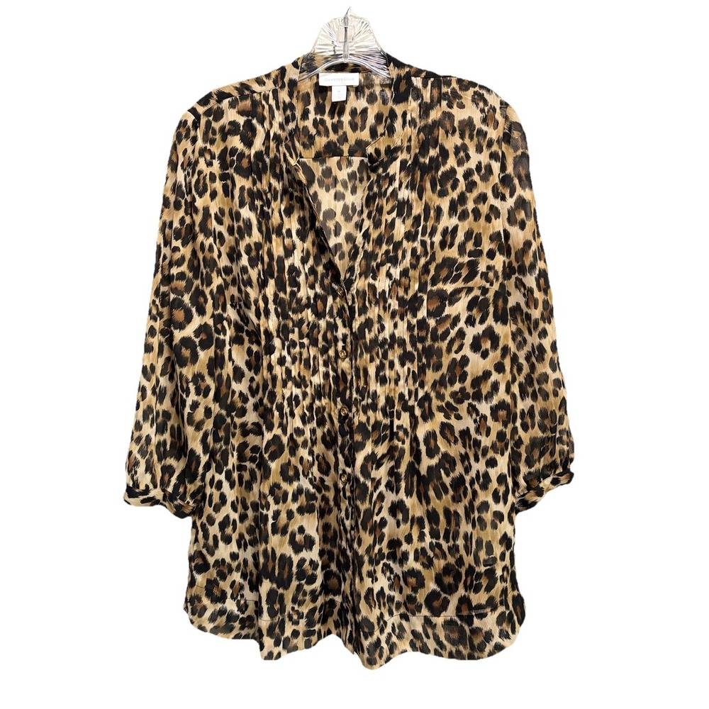 Charter Club‎ Brown/Black Cheetah Button Up Chiffon Long Sleeve Blouse Size M